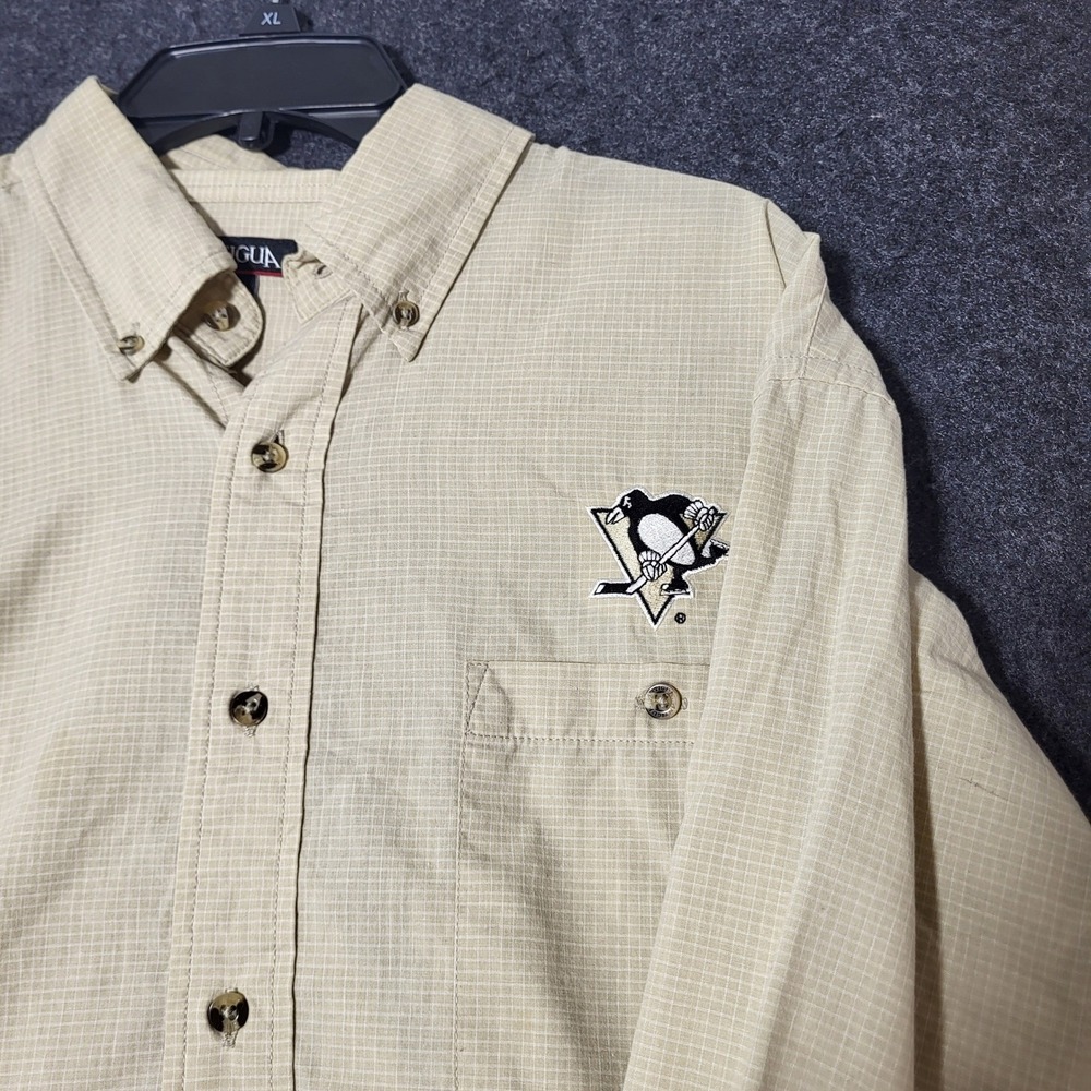 Pittsburgh Penguins NHL Antigua Mens L Tan Micro Check Button Down Shirt